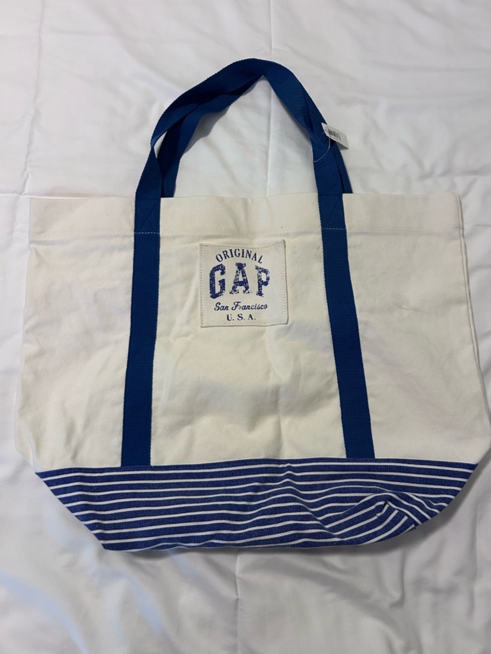 GAP Cream Canvas Tote with Blue Straps and Striped Base